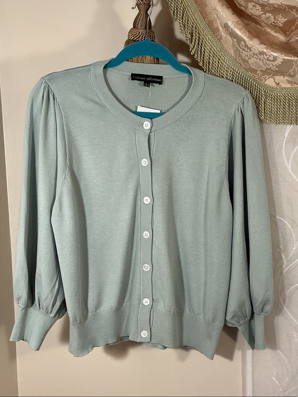 NWT Catherine Malandrino Women’s Light Sage Puff-Sleeve Cardigan Sweater Sz L